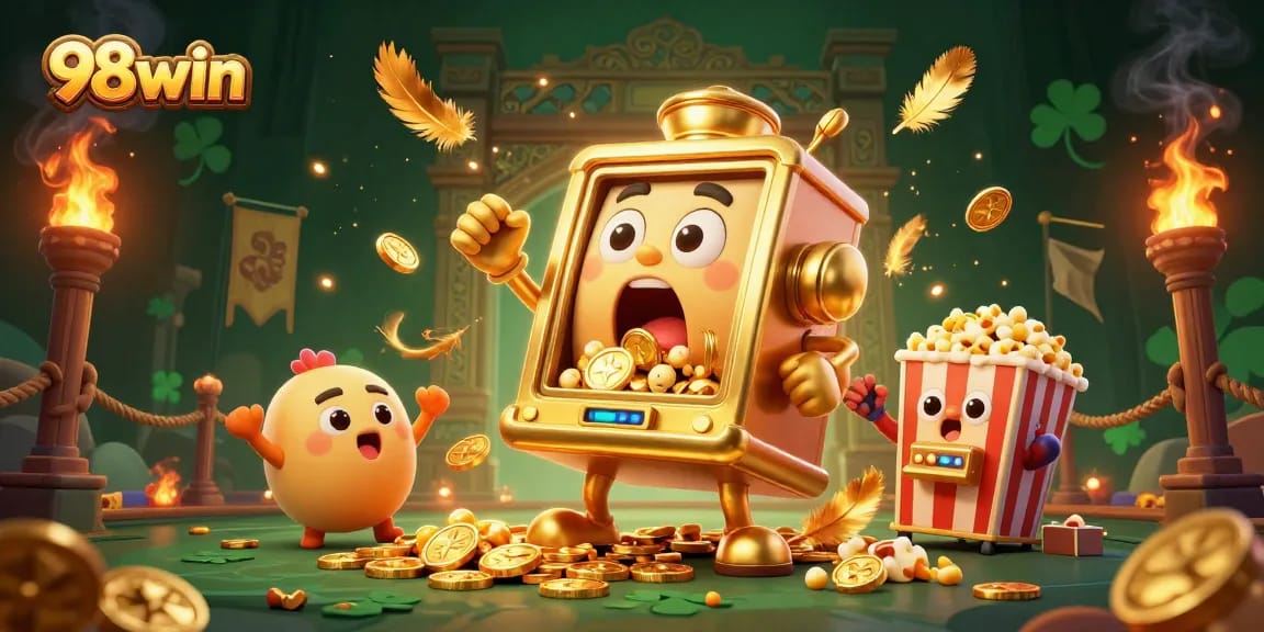 Spin and win at 98win with golden jackpots pouring from a joyful slot machine, celebrating in a vibrant scene.