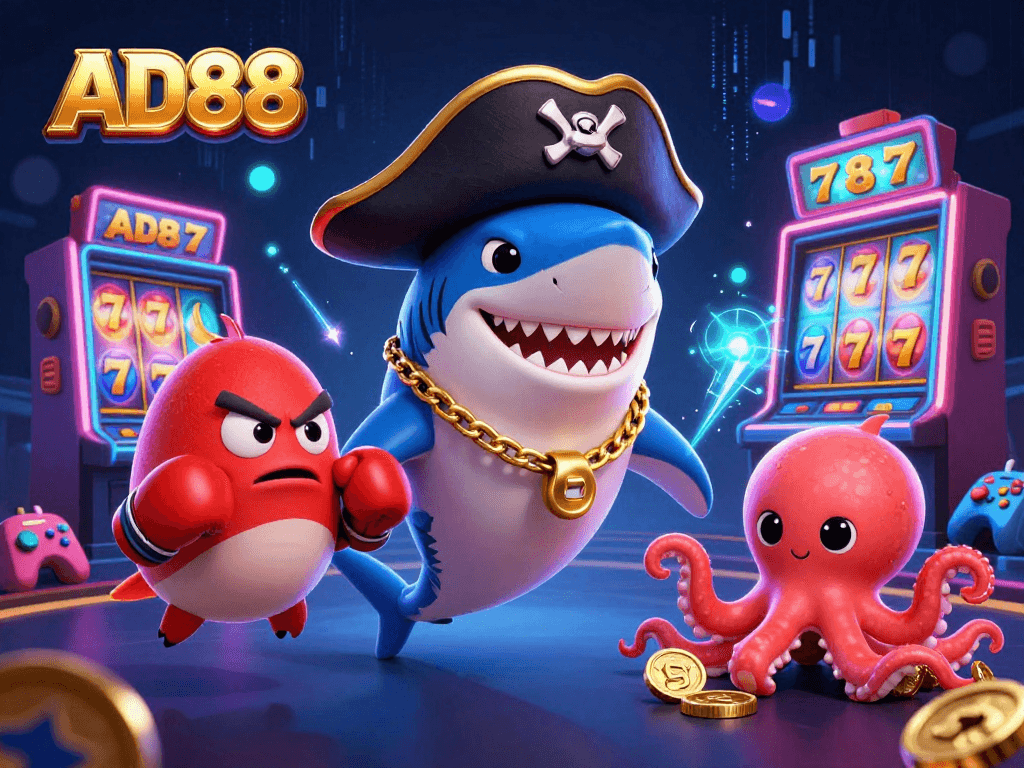 Win big at AD88 while enjoying a playful 3D character scene with colorful elements and casino games.
