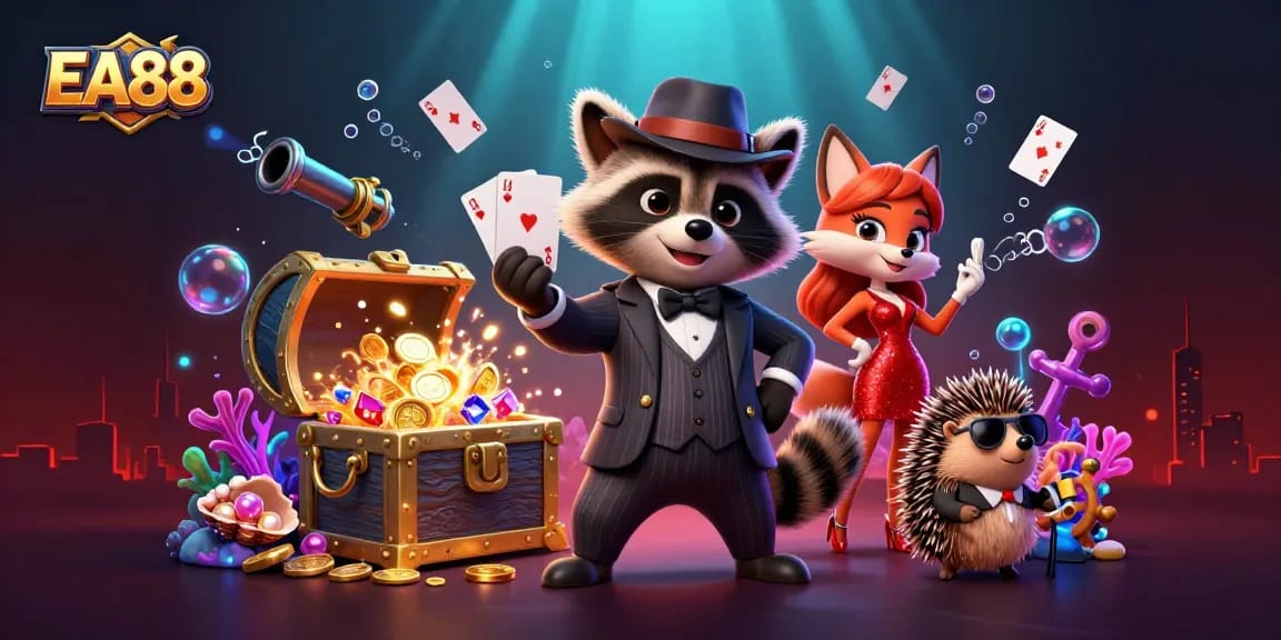 Engage in thrilling gameplay at EA88 with a charming raccoon, stylish fox, and dynamic game elements.