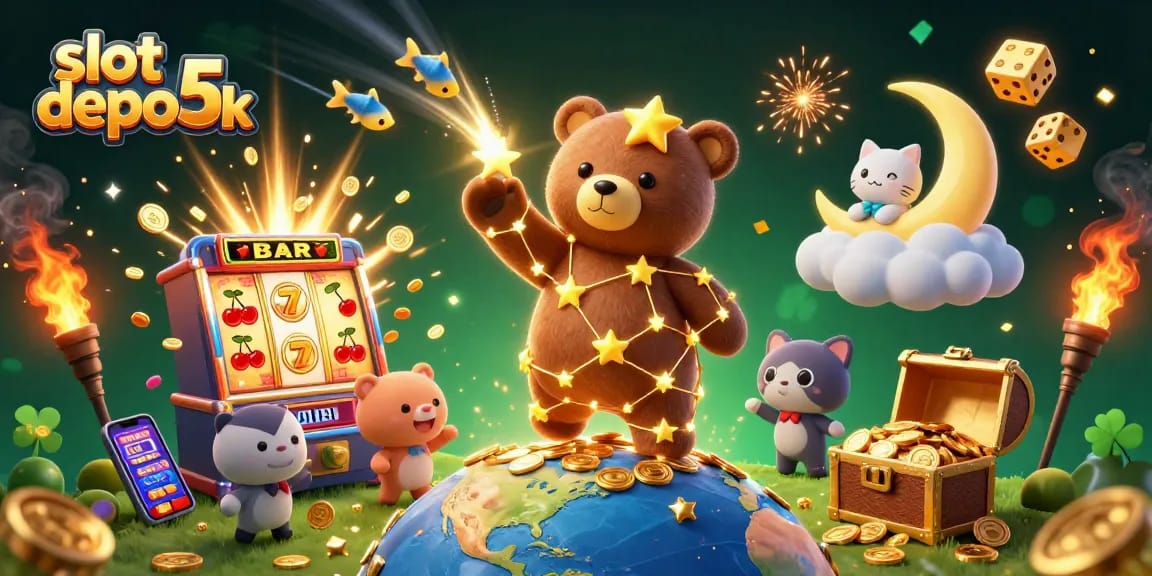 Experience winning moments with slot depo 5k as the bear reaches for coins amidst a vibrant casino scene