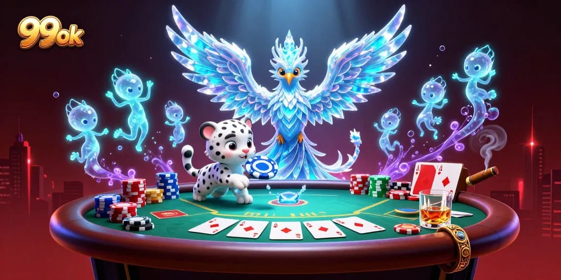 Engage with vibrant action at 99ok casino, featuring an ice phoenix, poker chip play, and glowing sprites.