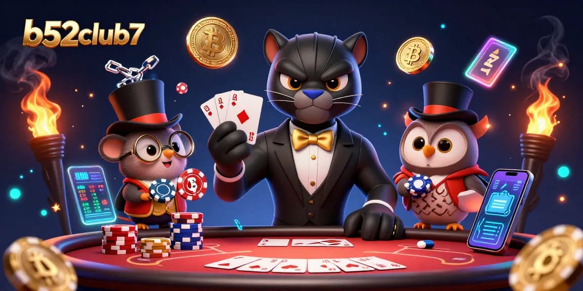 Bet on big wins at b52club7 with a luxurious casino scene featuring a stylish panther dealer, vibrant poker elements, and neon crypto.