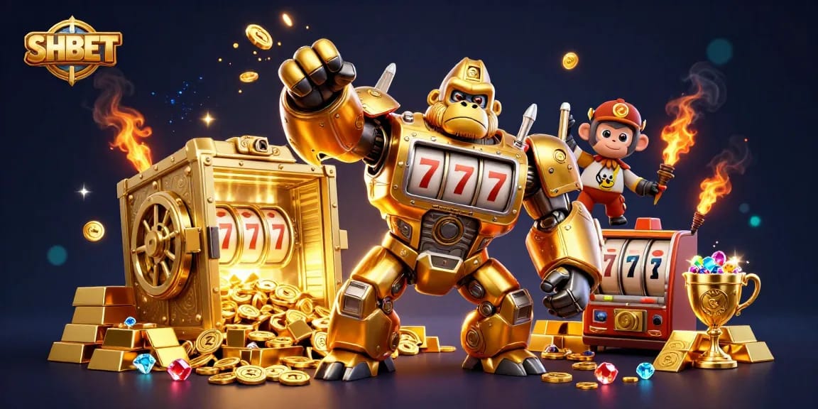 Experience thrilling wins at SHBET with a vibrant golden gorilla mech ready to deliver massive payouts.