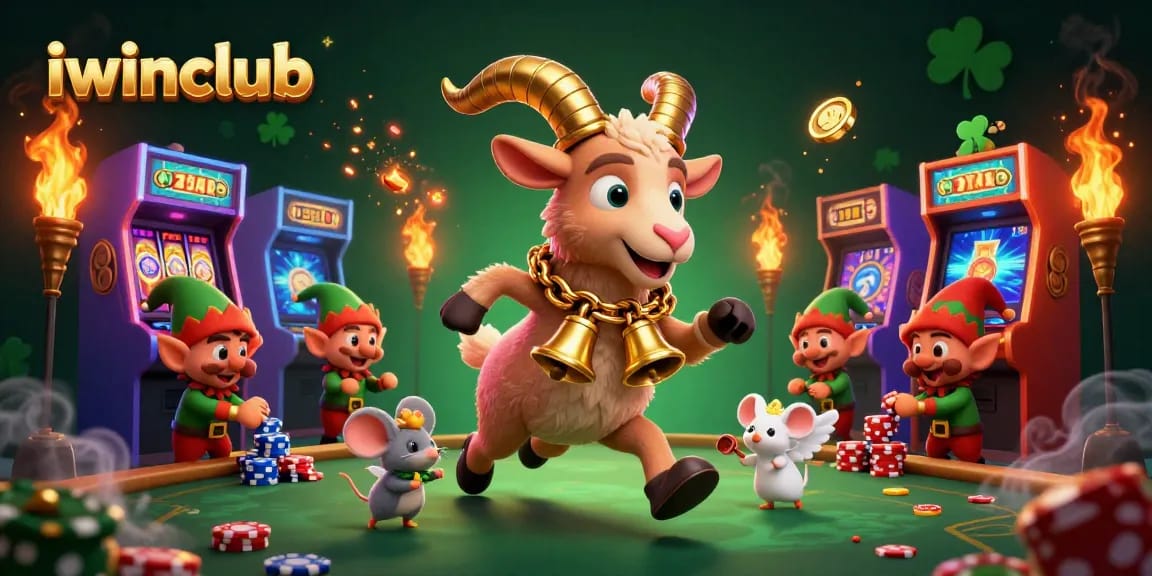 Experience the thrilling iwinclub casino atmosphere with Krampus and playful characters amidst slots and arcade games.