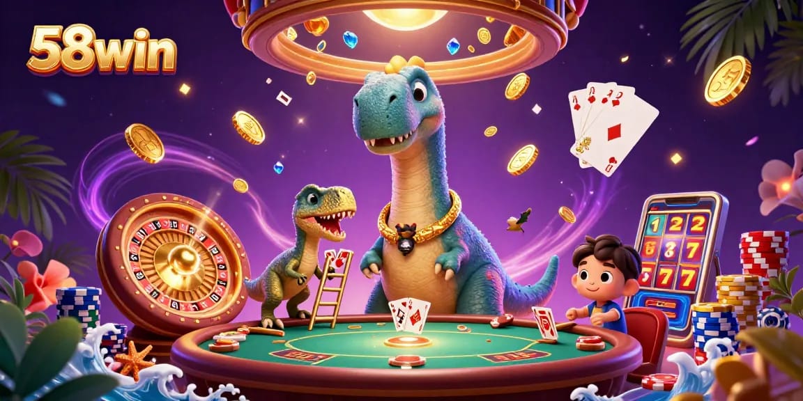 Experience thrilling gaming action with 58win, where a vibrant dinosaur deals cards in an electrifying 3D casino.