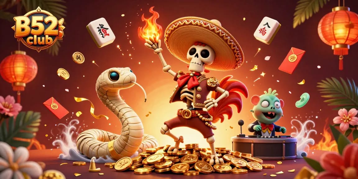 B52club showcases a vibrant 3D casino scene with animated characters celebrating wins and gaming excitement.