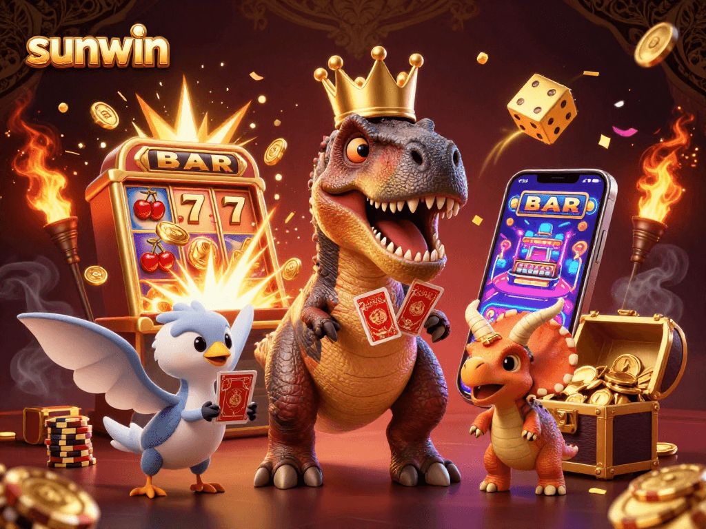 Win big with sunwin as the T-Rex shuffles cards while stacking golden chips in a vibrant casino scene.