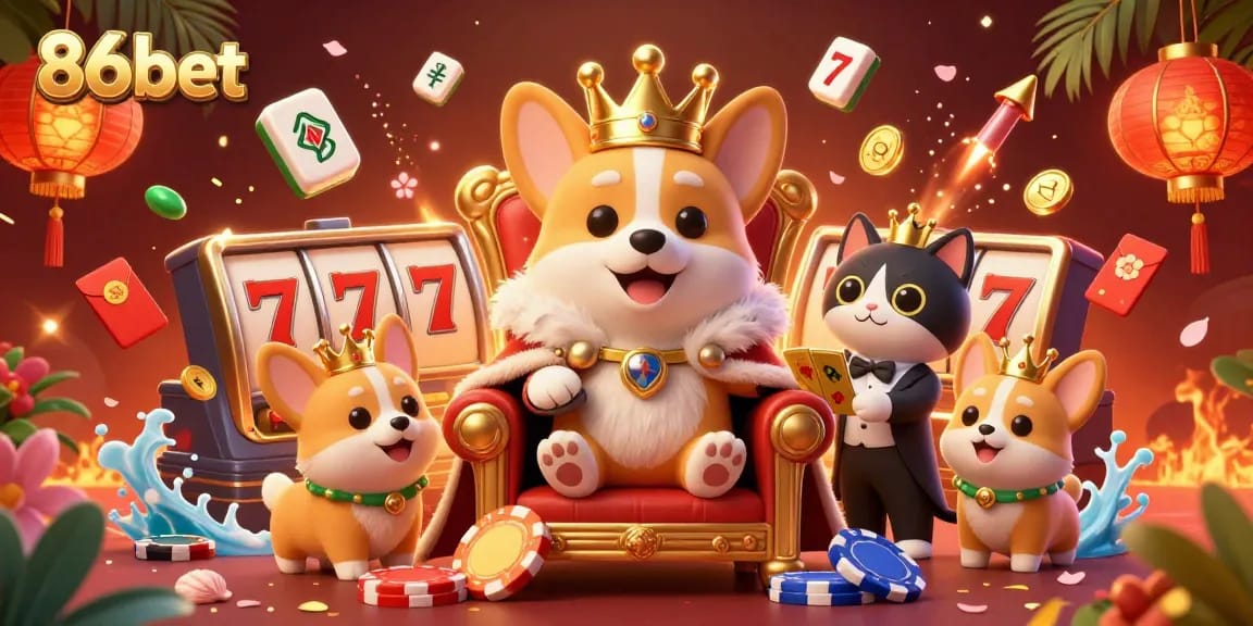 Experience exciting gameplay at 86bet with a vibrant 3D casino illustration featuring a royal corgi and festive gaming elements.