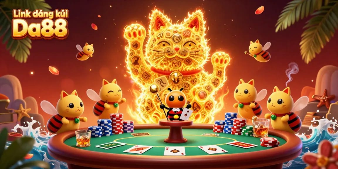 Engage in thrilling gameplay at Link đăng ký Da88, featuring vibrant casino elements and a lucky cat theme.