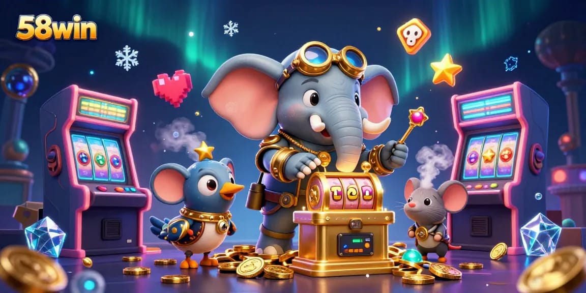 Spin the 58win slot machine with vibrant graphics in this thrilling casino scene.