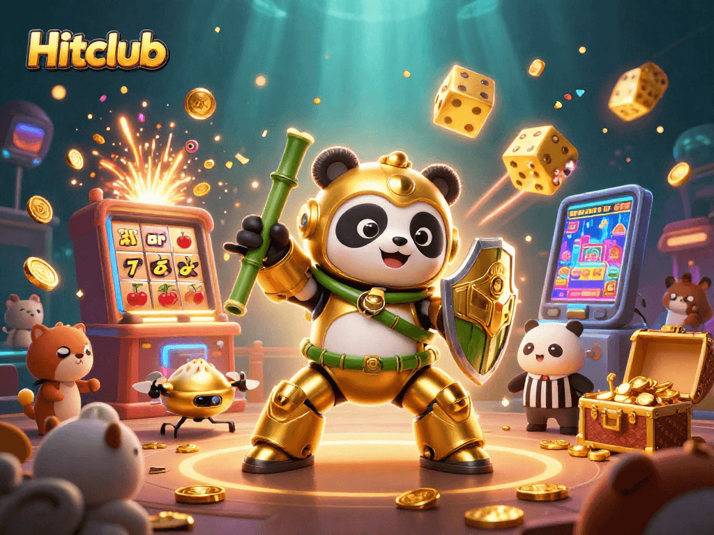 Hitclub's vibrant arena showcases a golden panda robot amidst exploding jackpots, enticing gamblers.