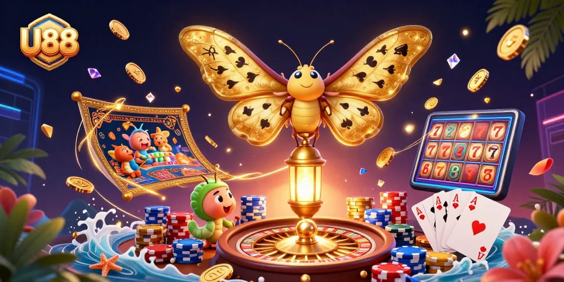 Experience thrilling gaming with U88's vibrant 3D illustration showcasing casino excitement and winning opportunities.