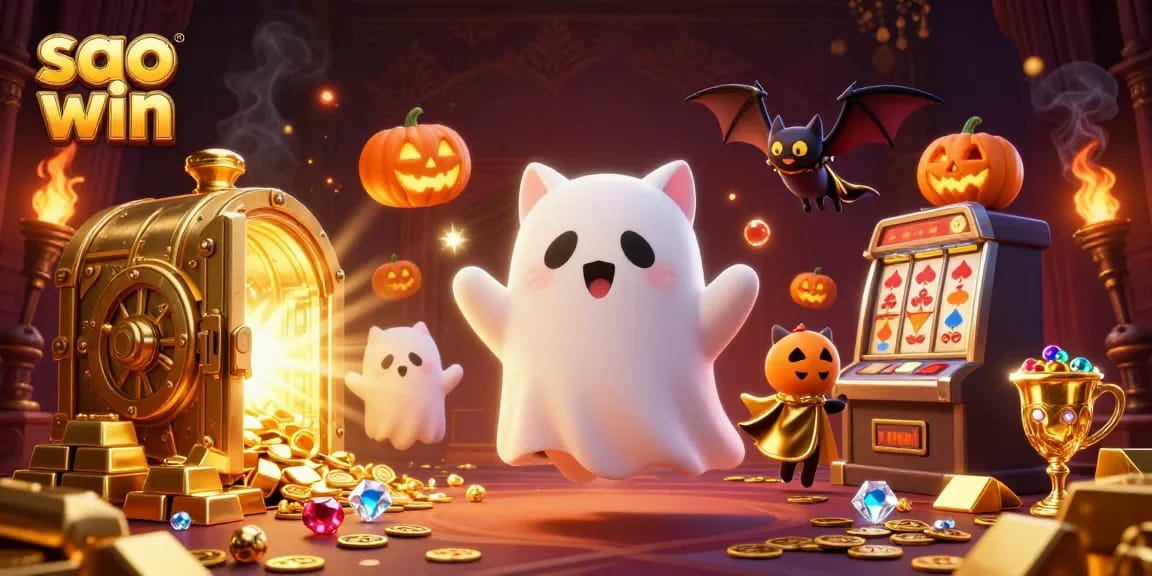 Experience thrilling gameplay with the friendly ghost cat and vampire bat in the sao win casino scene.