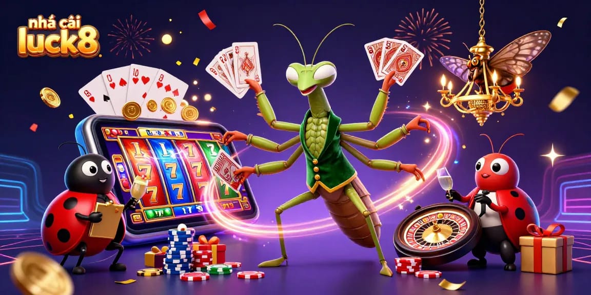 Engage with nhà cái luck8 in this vibrant scene of a giant mantis card sharp and ladybug pit boss amidst slot games and casino elements.