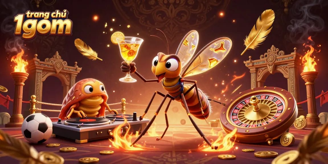 Engage with the vibrant action of trang chủ 1gom featuring a charismatic casino mascot amidst sports betting elements.
