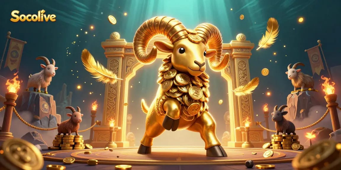 Socolive transforms gambling experience with a golden ram charging through a vibrant betting arena.