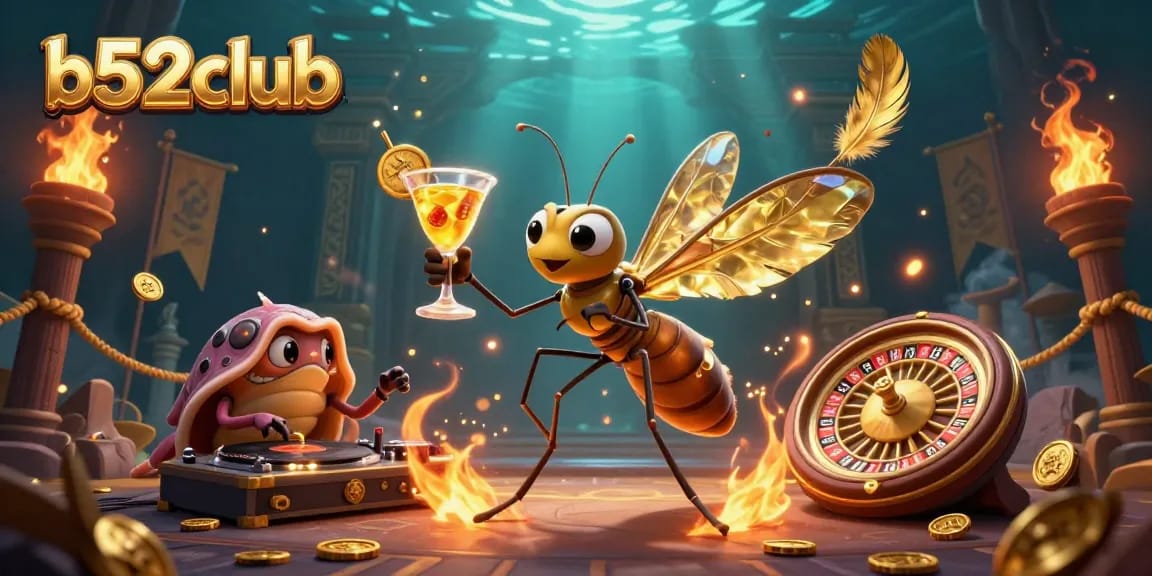 Experience the thrill at b52club, featuring a lively casino scene with unique characters and golden casino elements.