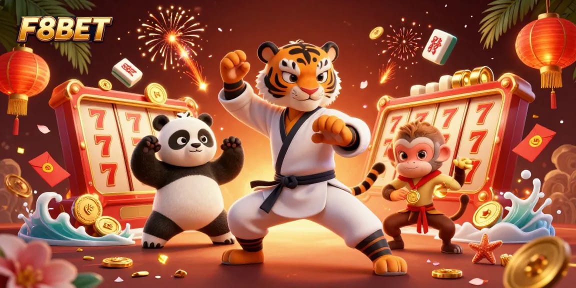 Experience thrilling wins at F8BET with a vibrant 3D casino scene featuring playful characters and slot game elements.