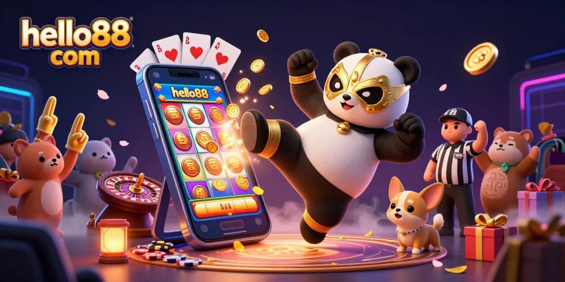 Experience thrilling online gaming with hello88 com, featuring a wrestling panda and animated casino elements in a vibrant scene.