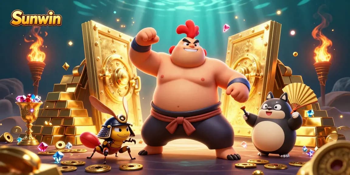 Experience thrilling gameplay with Sunwin, featuring a powerful sumo rooster and samurai cricket in a vibrant casino scene.