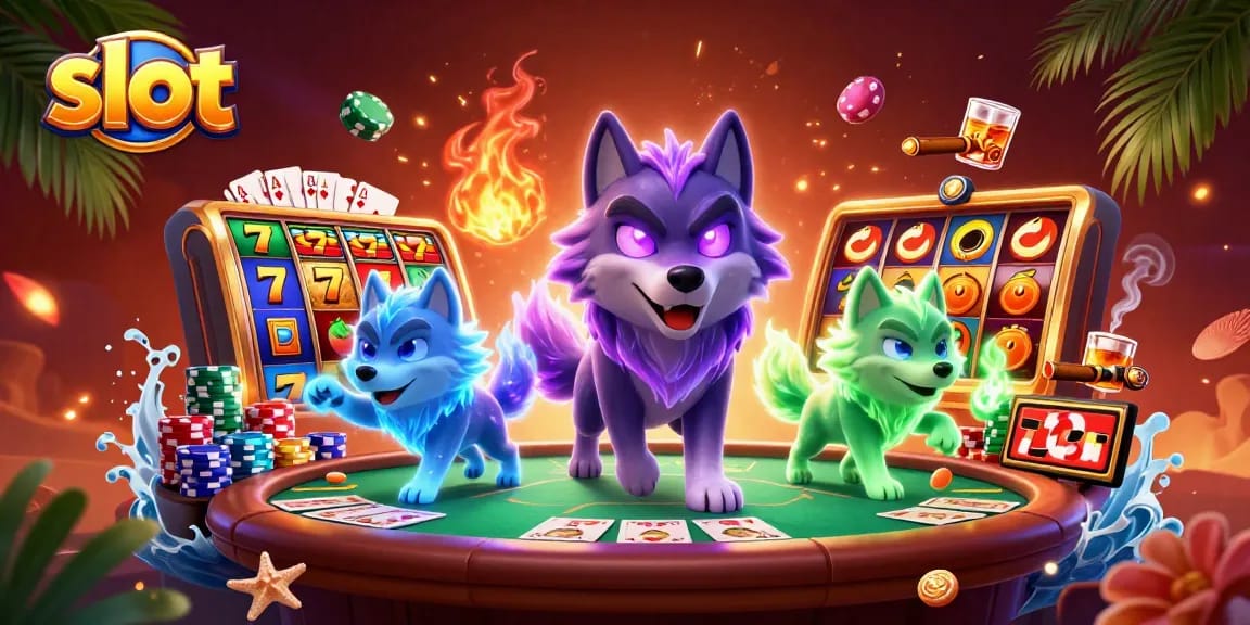 Experience slot games with ethereal wolves at a vibrant casino table.