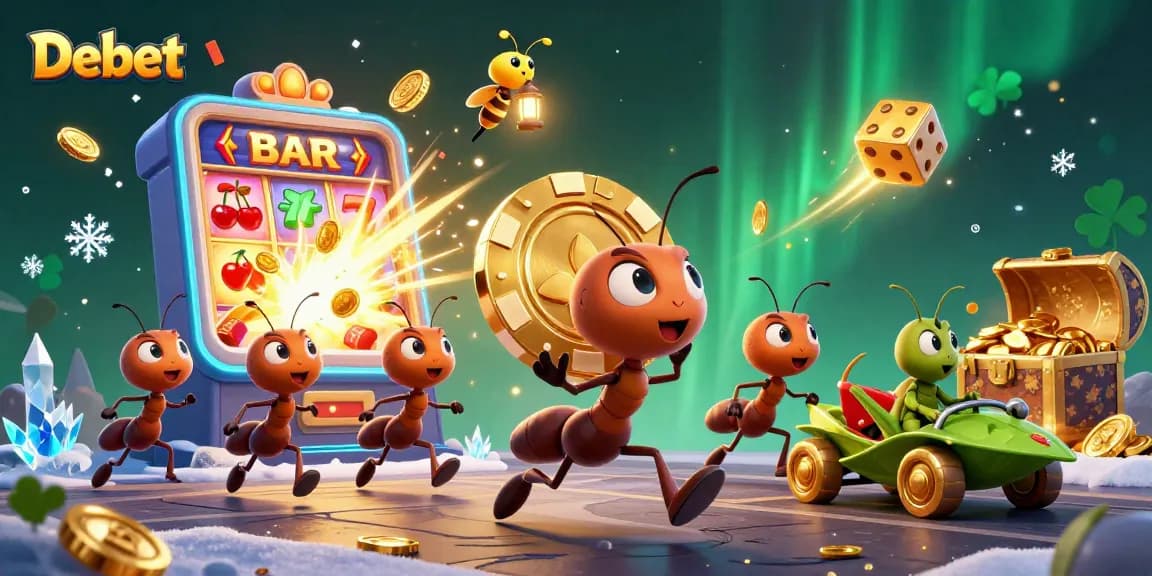 Debet illustration with ants heisting poker chips amidst colorful casino elements