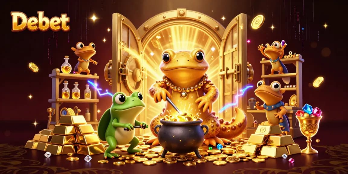 Debet showcases an enchanting alchemist scene where gold coins magically transform, creating excitement in gambling.
