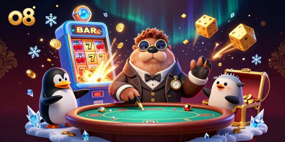 Engage with thrilling o8 gaming at an underwater casino poker table with dynamic characters.