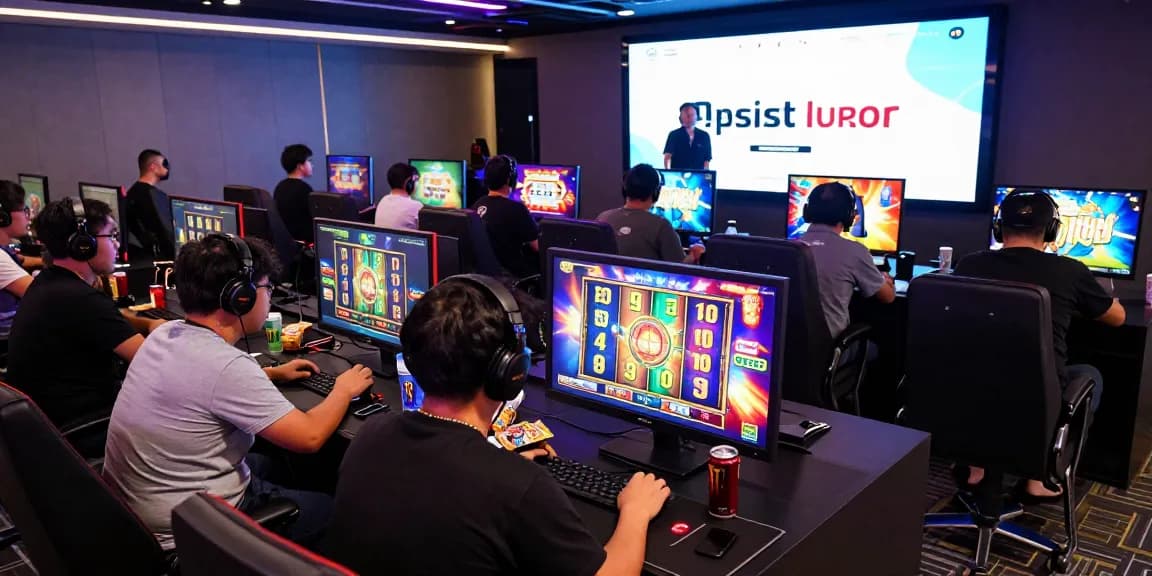 Situs slot deposit 10 ribu gaming experience with players enjoying colorful slot reels.