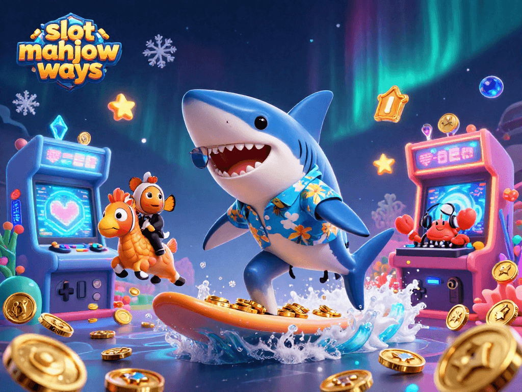 Experience slot mahjong ways with an exciting scene featuring a shark, clownfish, and crab in a dynamic casino setting.