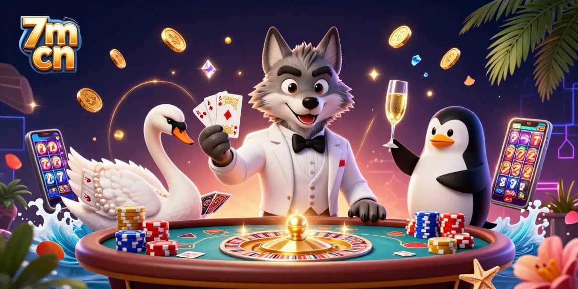 Engage with thrilling 7m cn gameplay featuring a debonair wolf at the baccarat table, elegant swan, and penguin.
