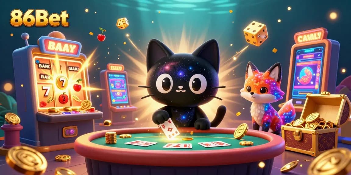 Experience the excitement of 86Bet with a cosmic casino scene featuring a black hole cat and vibrant elements.