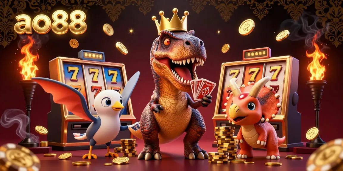 Engage with the ao88 experience through vibrant slot game action featuring a charming T-Rex, assistant pterodactyl, and baby triceratops.