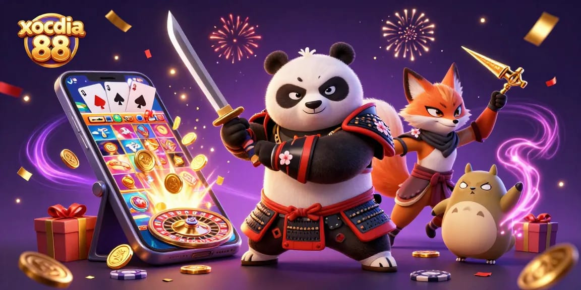 xocdia 88 showcases a samurai panda and ninja fox in a vibrant online gaming scene filled with slot games and golden rewards.