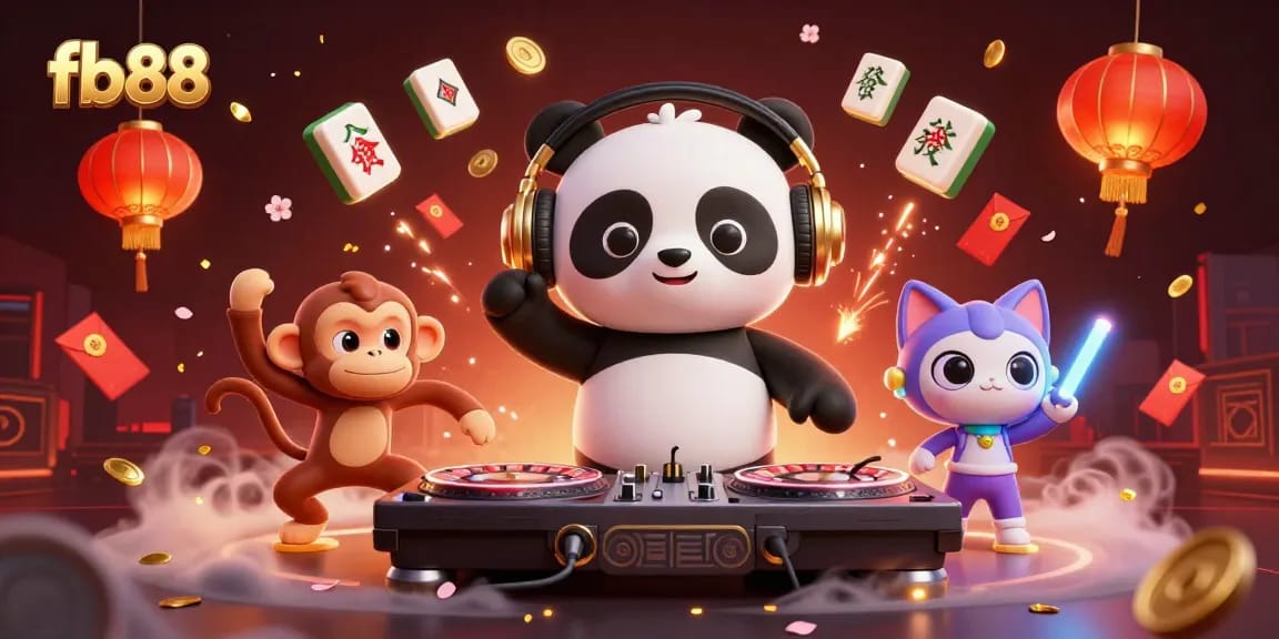 Engage in exciting gameplay with fb88 at a vibrant 3D party scene featuring lively characters and casino themes.