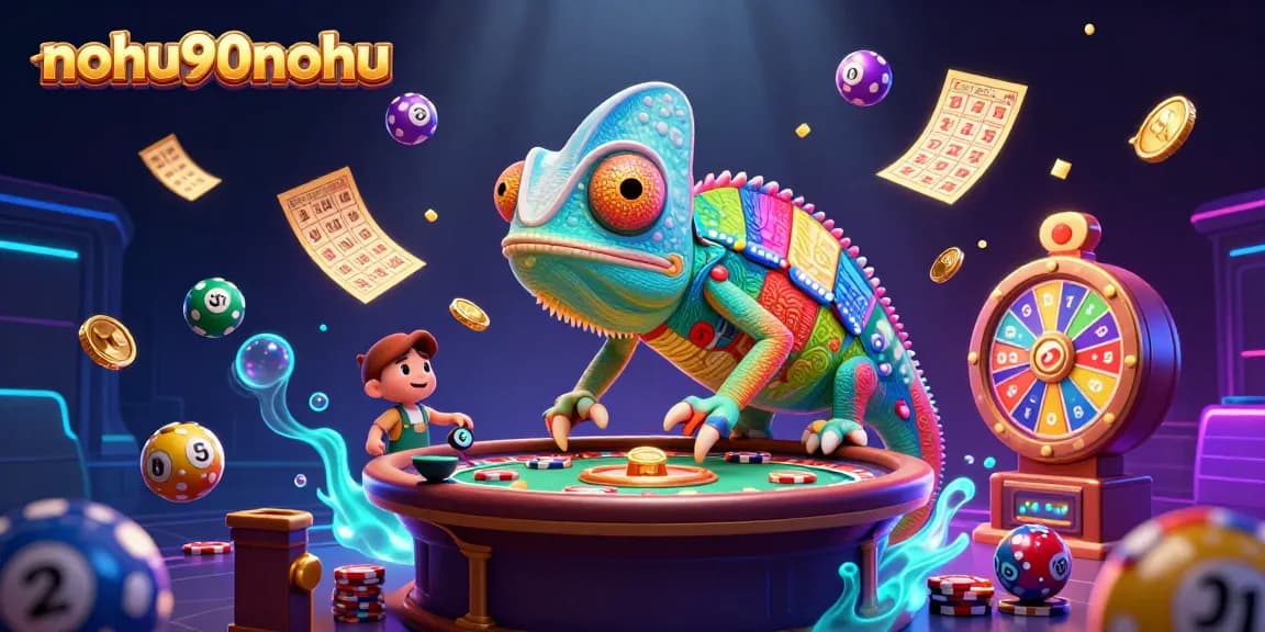 Nohu90nohu chameleon casino owner attracts golden coins in an energetic gambling scene with colorful game elements.