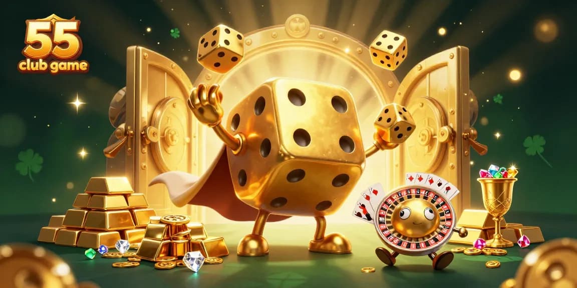 The 55 club game showcases dynamic characters in a vibrant casino scene filled with treasures and excitement.