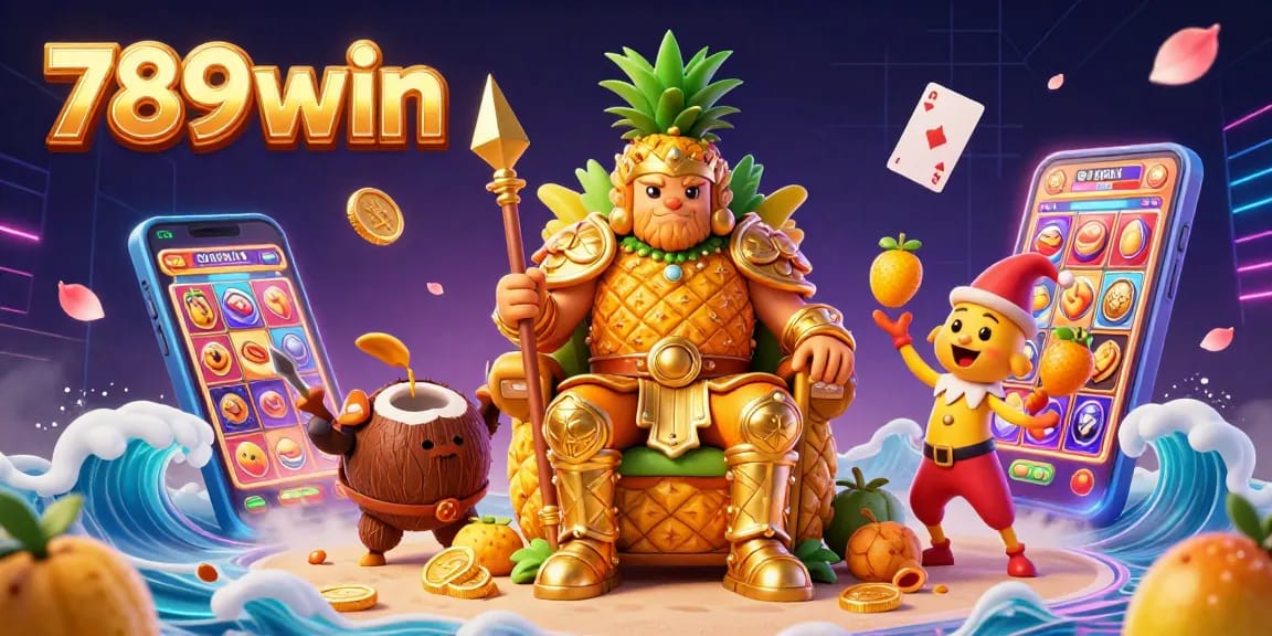 Winning big at 789win with the golden pineapple king in a vibrant 3D casino scene.