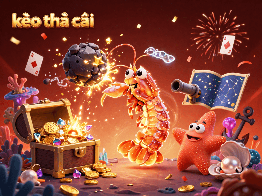 Engage with kèo nhà cái through this vibrant 3D illustration showcasing colorful gambling elements and dynamic characters.