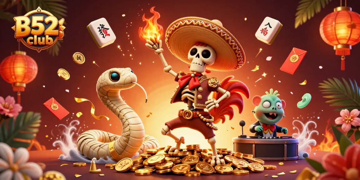 B52club showcases a vibrant 3D casino scene with animated characters celebrating wins and gaming excitement.