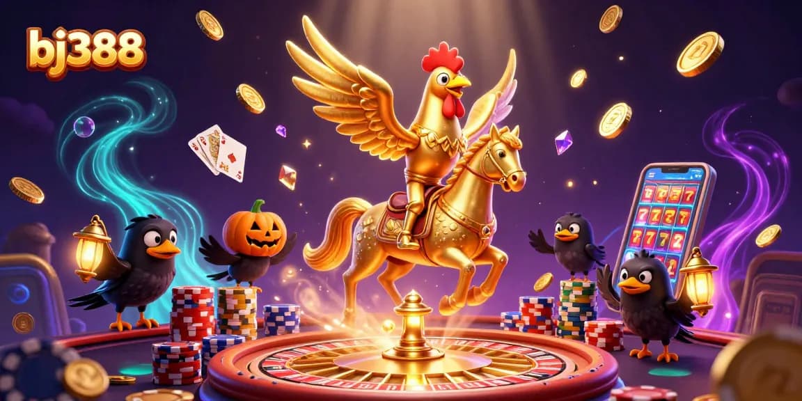 BJ388 engages players in thrilling casino action with a golden rooster character amidst rich gaming elements.