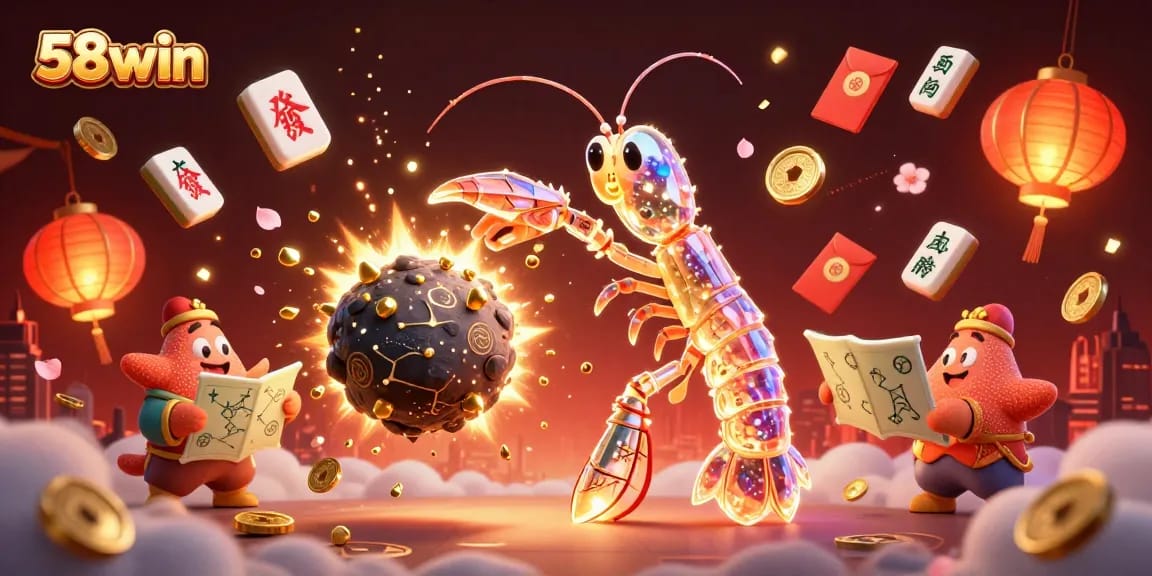 Experience the excitement of 58win's vibrant casino scene featuring a galactic mantis shrimp in action.