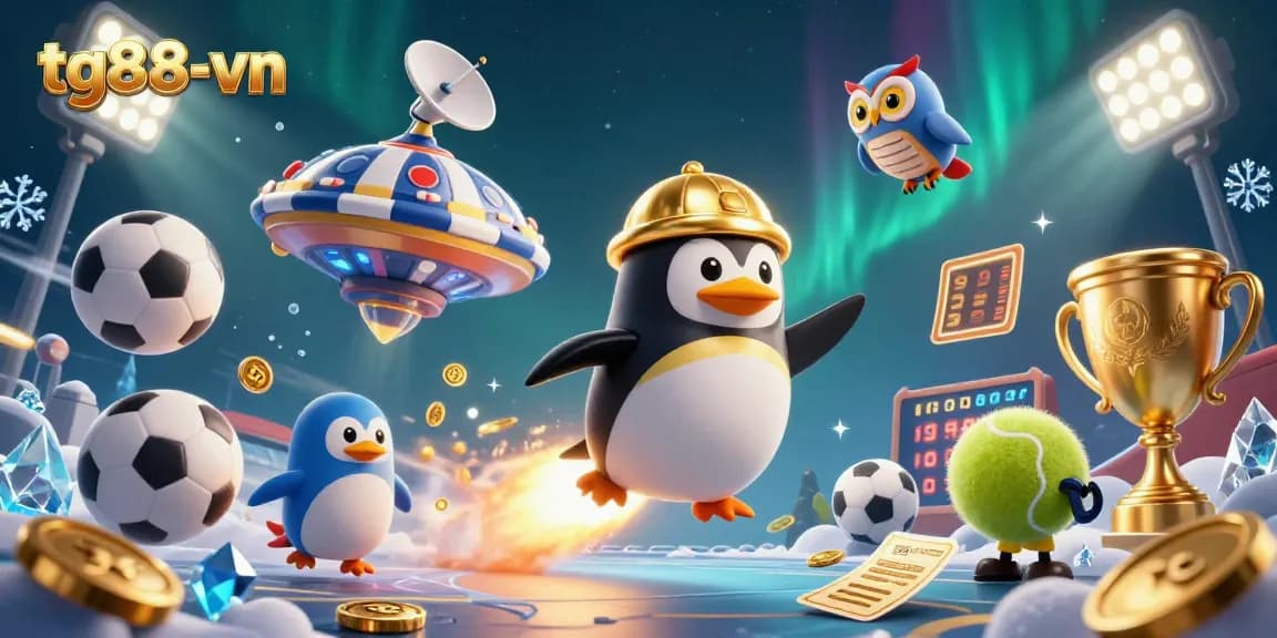 Experience the excitement at tg88-vn with a dynamic casino scene featuring a golden penguin and sports elements.