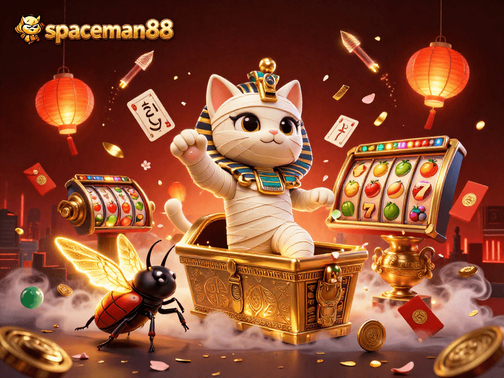 Spin to win at spaceman88 with a mummy cat and thrilling slot reels in a vibrant casino