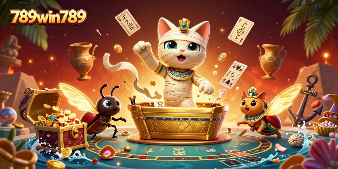 Experience thrilling games at 789win789 with a vibrant scene showcasing an Egyptian mummy cat bursting from a sarcophagus.