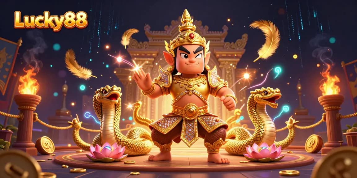 Engage with Lucky88's vibrant casino experience featuring a guardian, serpents, and rich gaming elements.