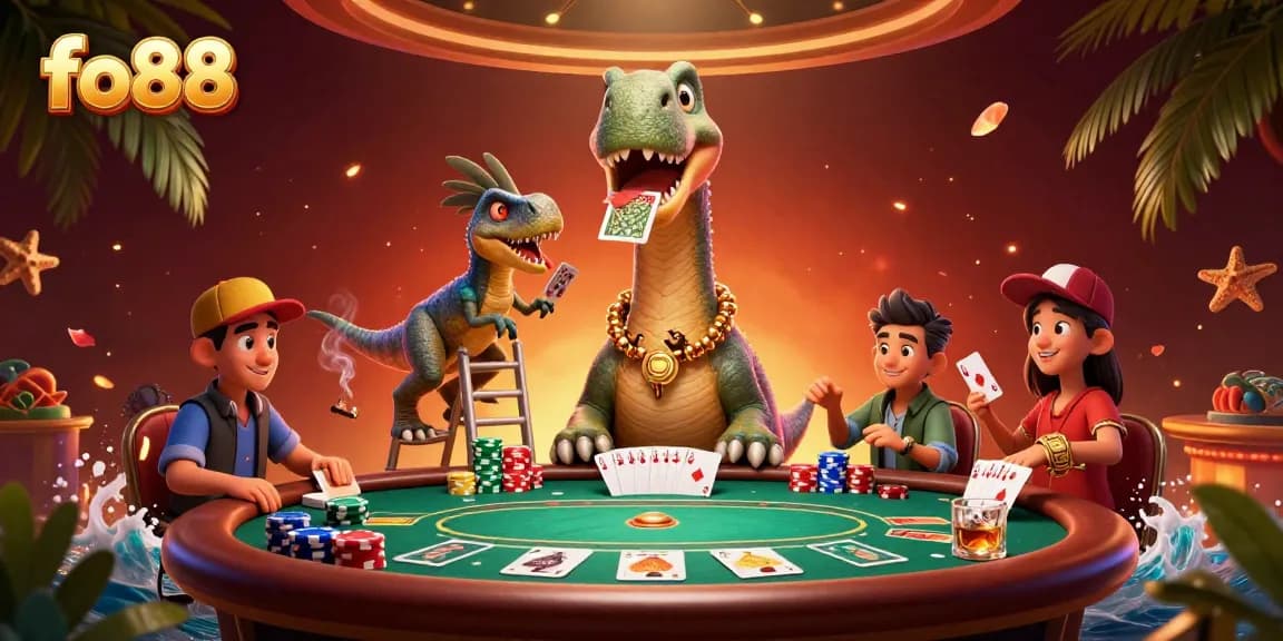 Engage with fo88's thrilling casino experience featuring a giant brontosaurus overseeing an exciting poker game.
