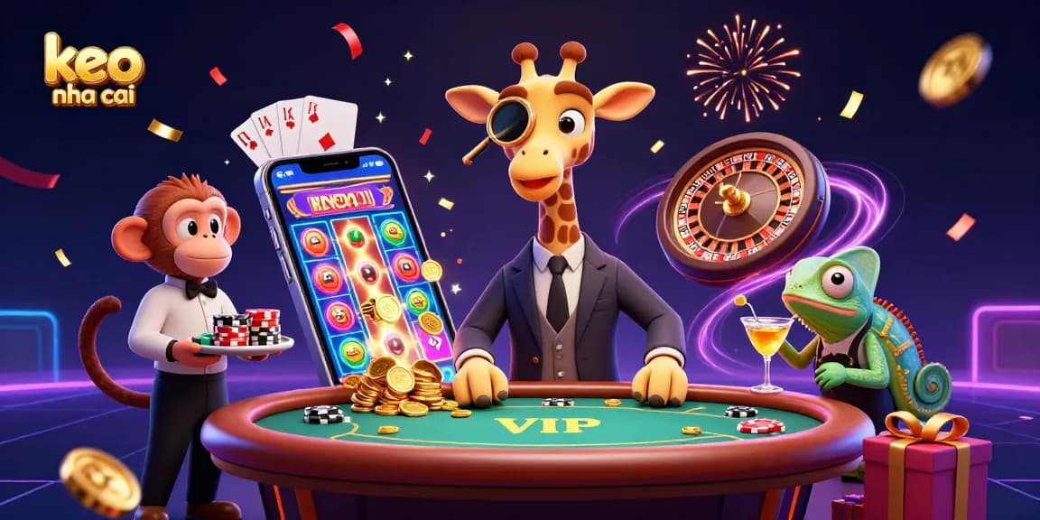 Bettors explore exciting keo nha cai opportunities at a vibrant casino scene with animal characters.