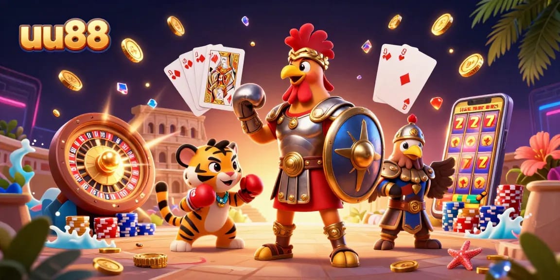 Join the excitement at uu88 with a 3D illustrated scene featuring vibrant casino action.