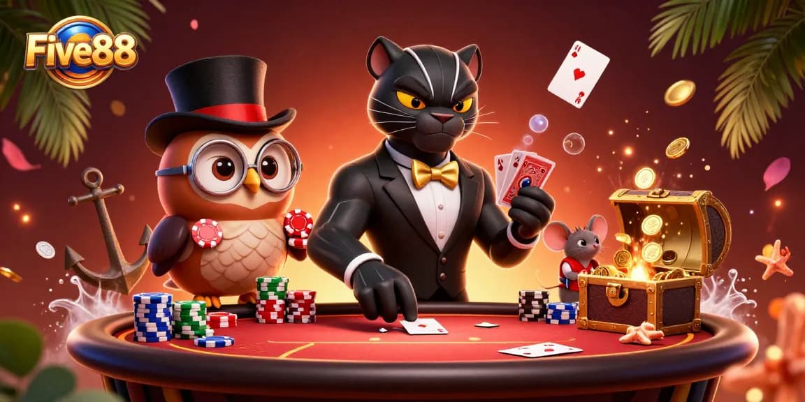Engage in exciting poker games at Five88 with a stylish panther dealer, owl, and lucky mouse.